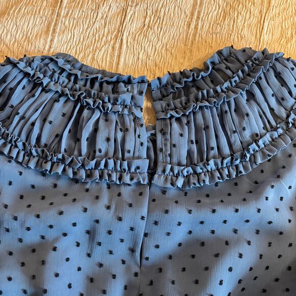 Sandro Paris Blue Smocked Mini Dress Sheer Polka Dot Ruffle Long Sleeve Small - Picture 5 of 12